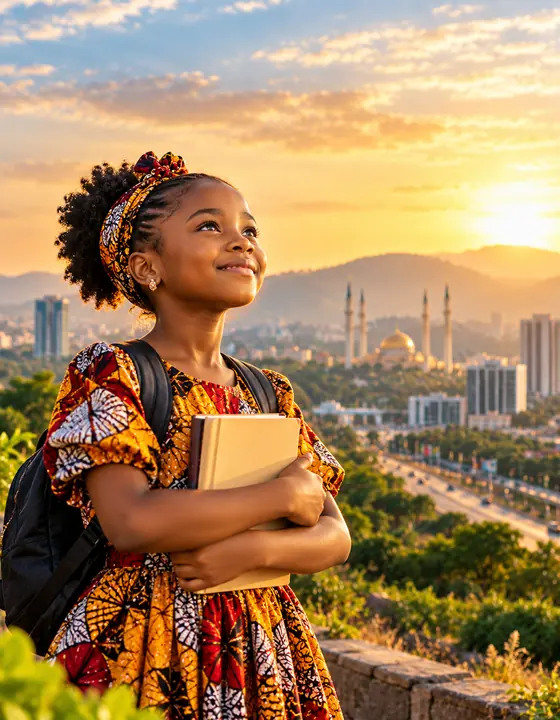 A schoolgirl holding her books, looking out over Abuja at sunrise
