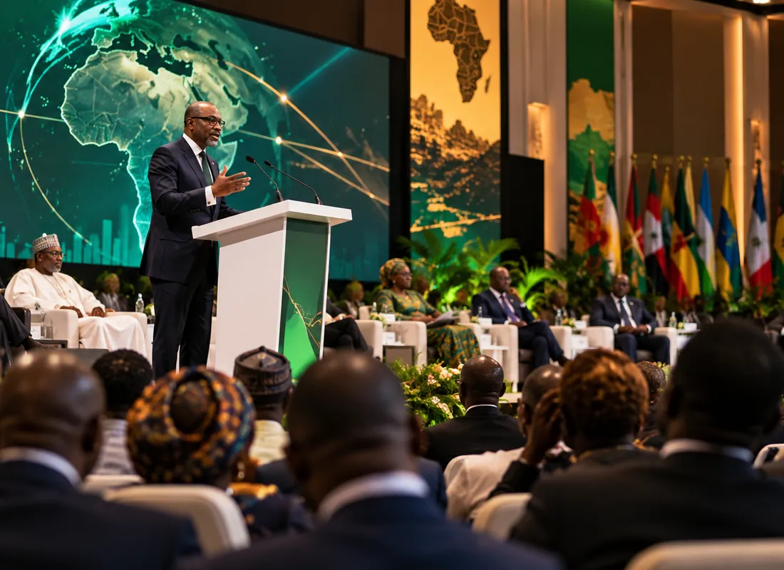 A delegate addressing the ATTCE summit, with a map of Africa on screen behind him and national flags along the stage